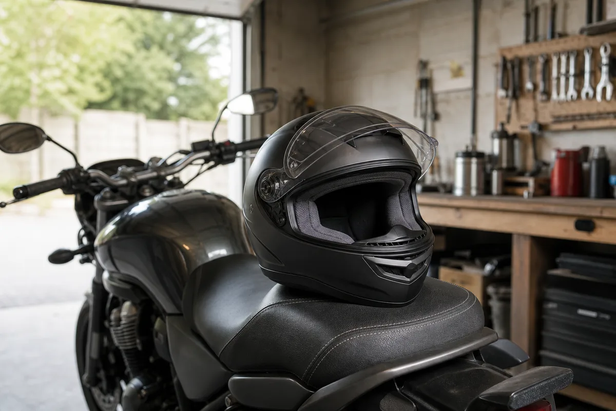 Casque de moto posé sur une selle, coque et mousse intérieure visibles, lumière naturelle d&rsquo;atelier