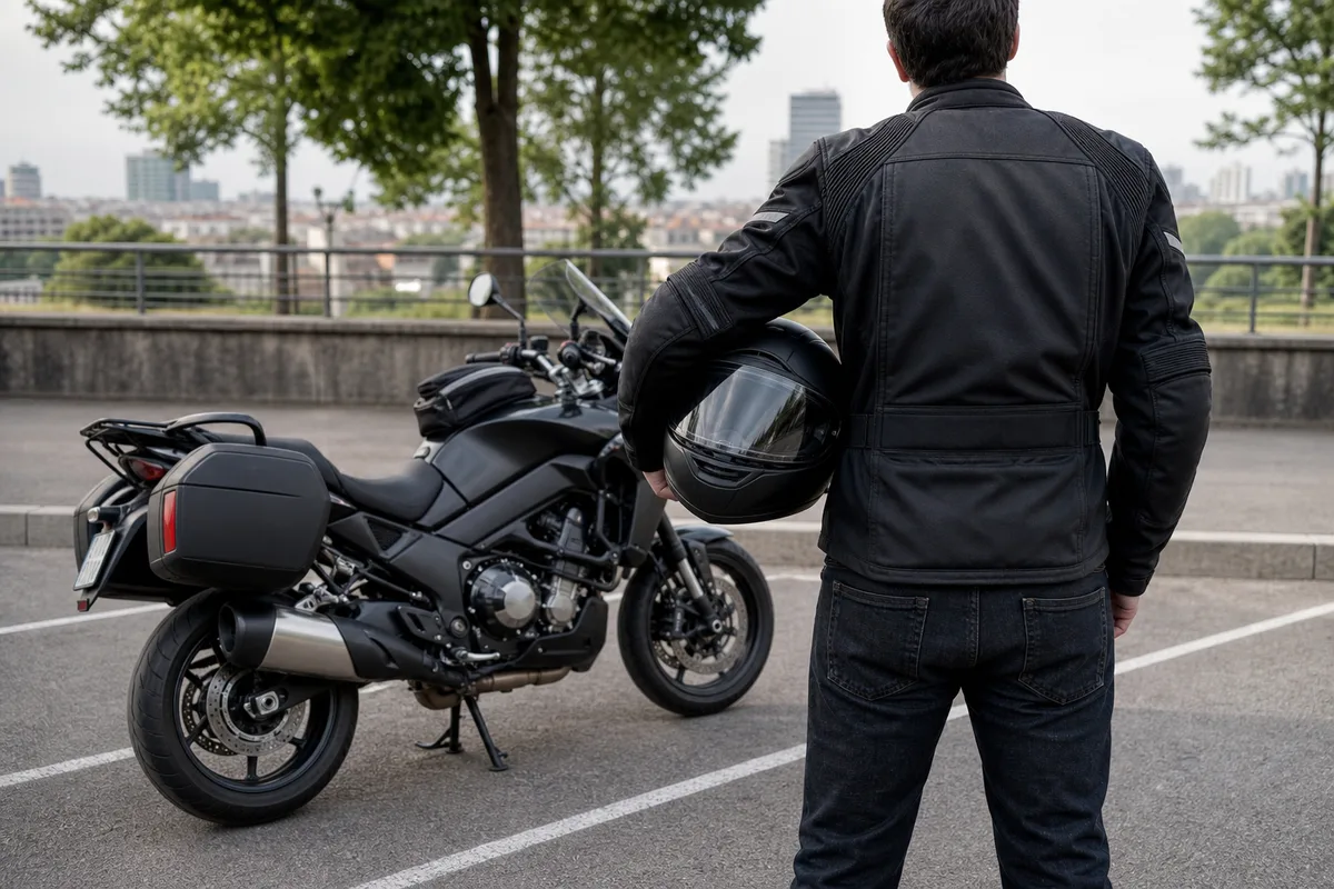 Motard tenant son casque intégral sous le bras, debout à côté de sa moto garée, extérieur en journée