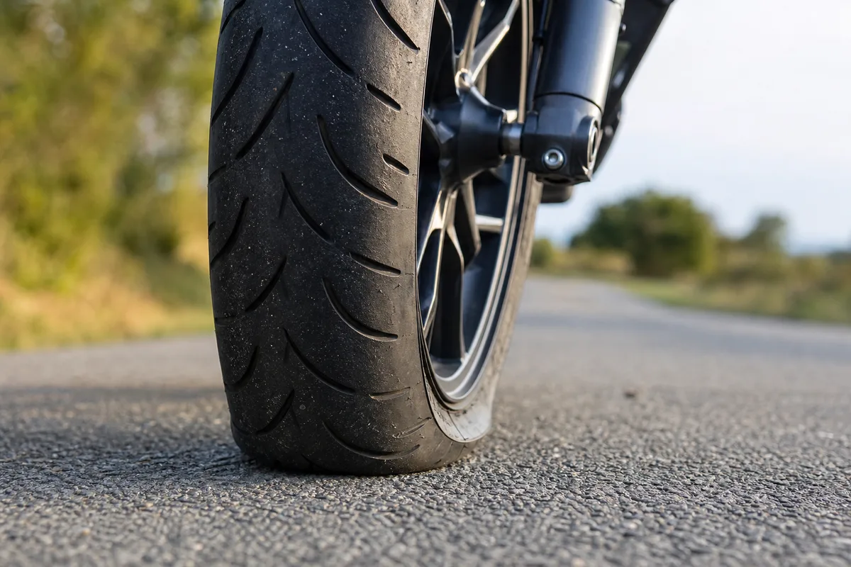 Roue avant de moto en freinage appuyé, fourche comprimée sur route de campagne
